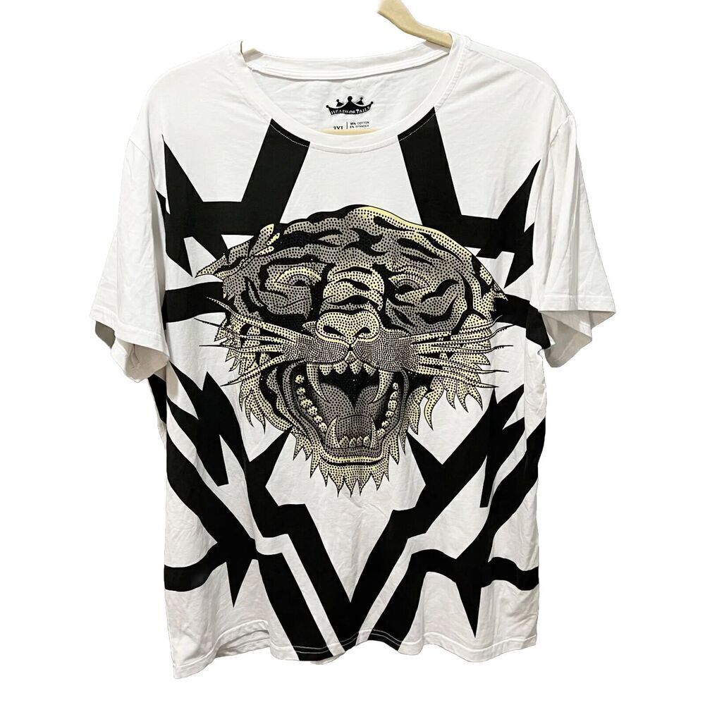 Heads or Tails Mens Tiger Head T Shirt Short Sleeve Tee White 3XL Rhinestone